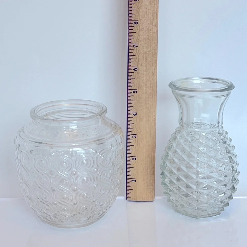 Two Vintage Glass Textured Accent Vases (One Swirl & One a Diamond Pattern.)